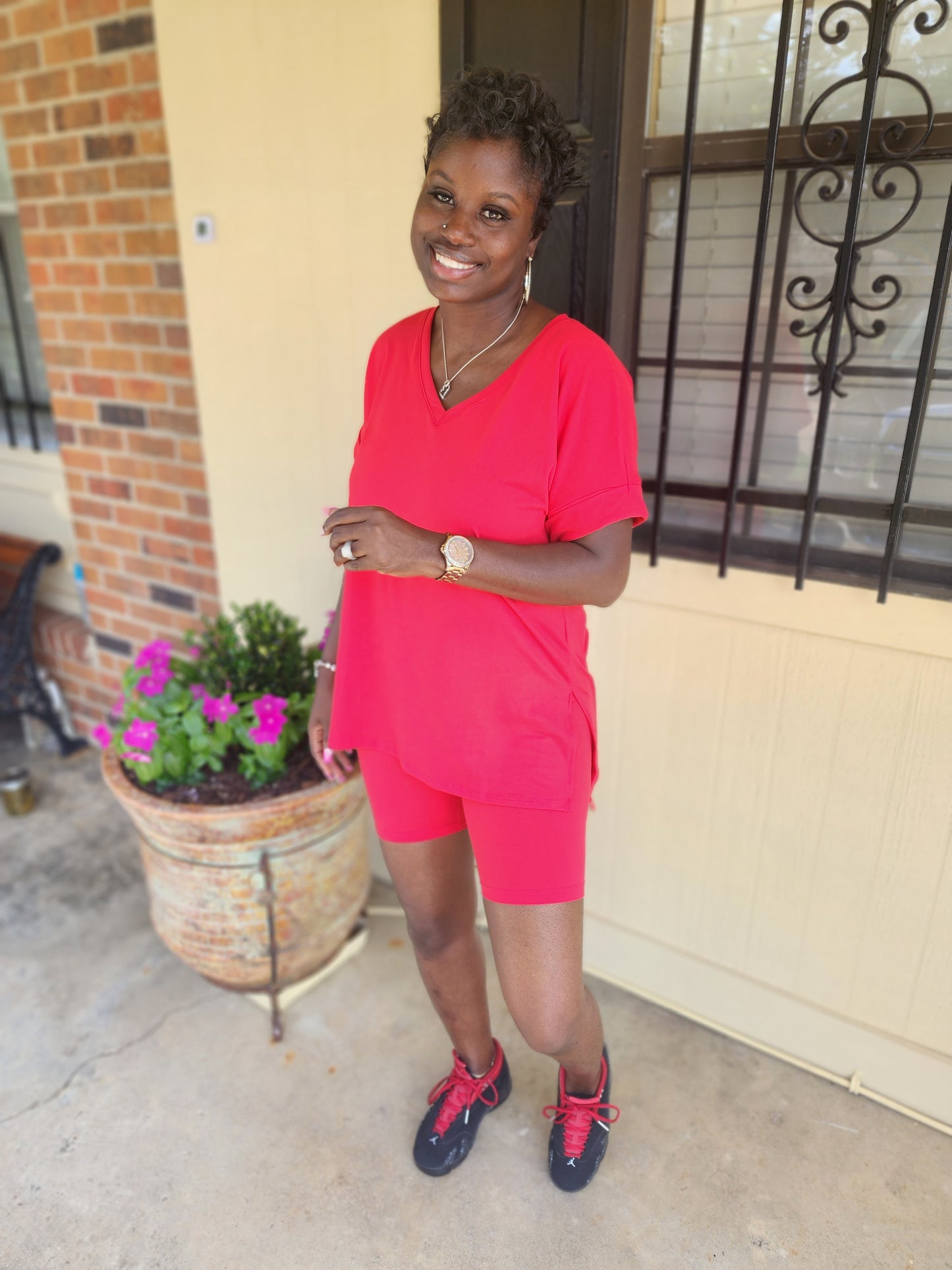 V-neck top & Biker Short Set (Red)