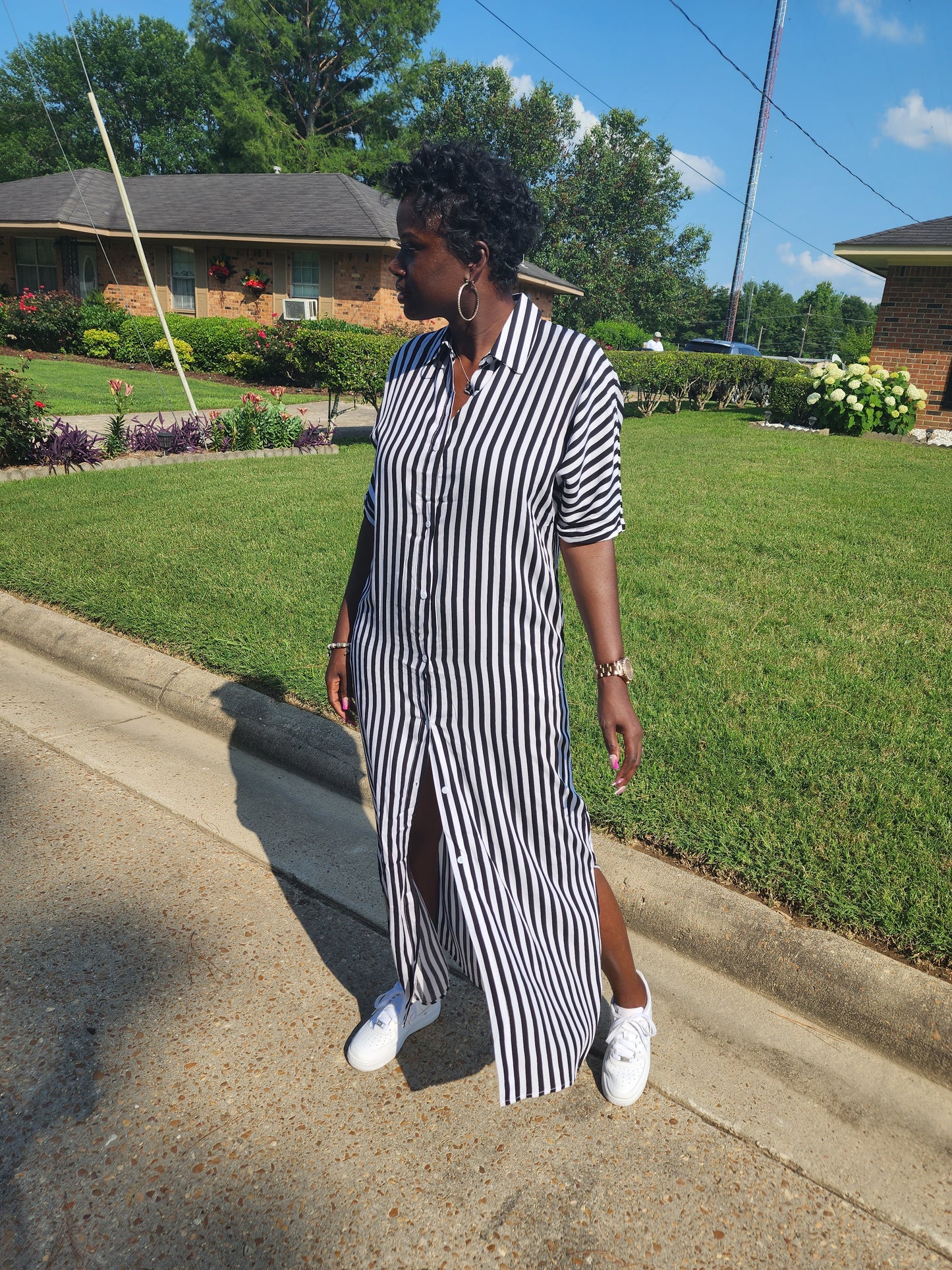 Striped Button Down Shirt Dress (Black)