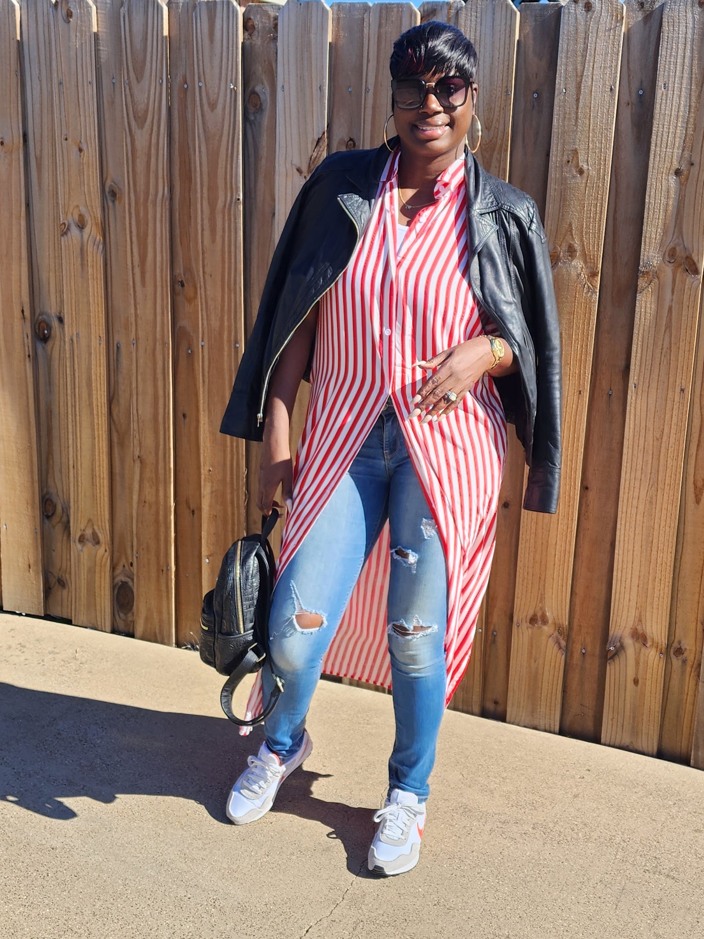 Striped Button Down Shirt Dress (Red)