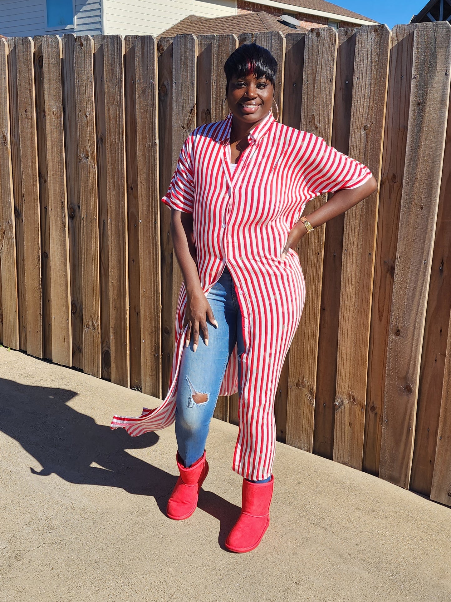 Striped Button Down Shirt Dress (Red)