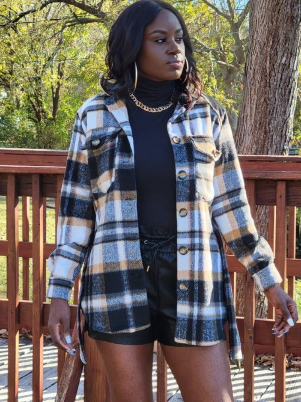 Black Plaid Belted Shacket