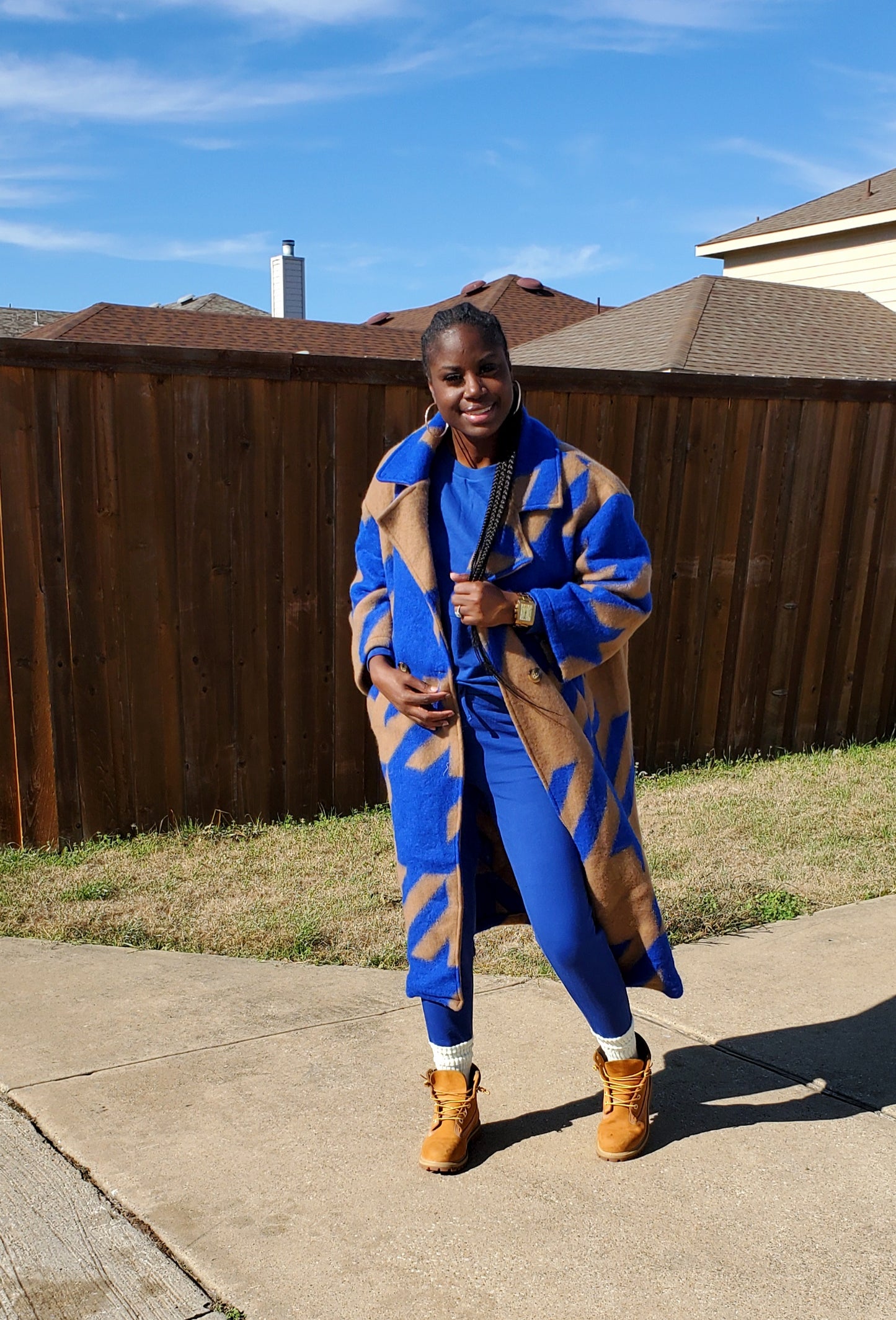 Houndstooth Oversized Long Coat (Blue)