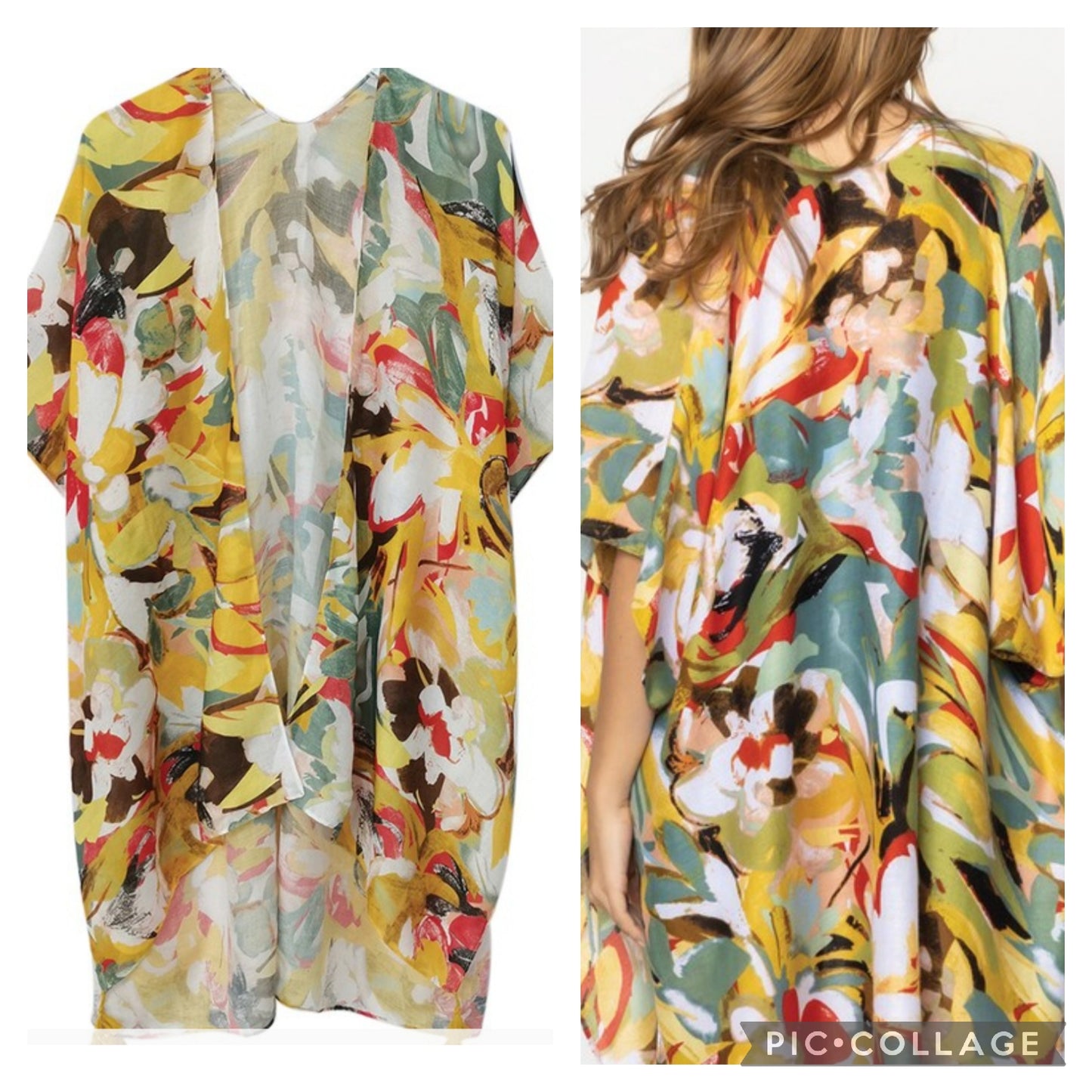 Abstract Print Open Front Kimono (Mustard)