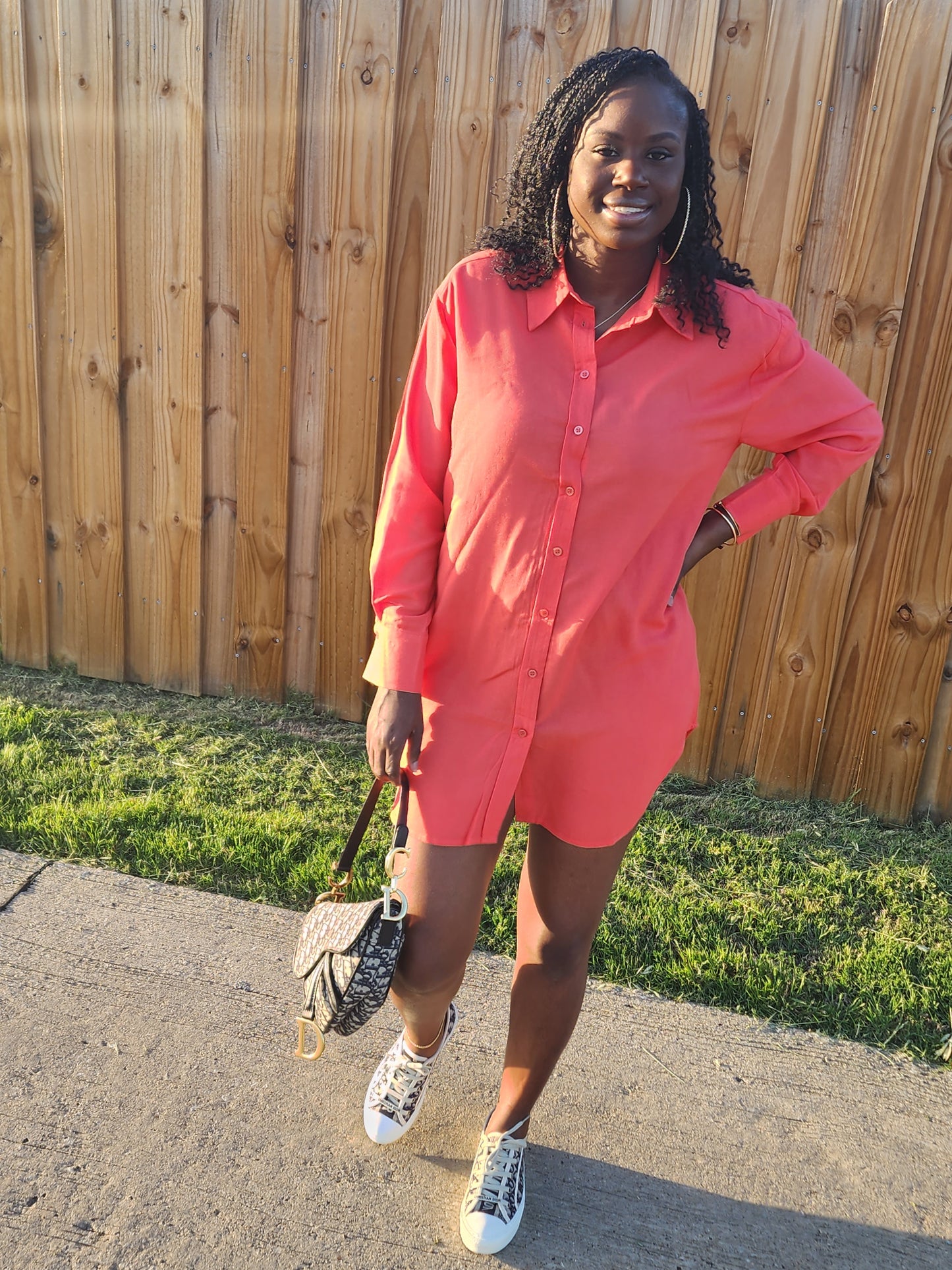 Oversized Button Down Shirt Dress (Orange Red)