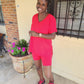 V-neck top & Biker Short Set (Red)