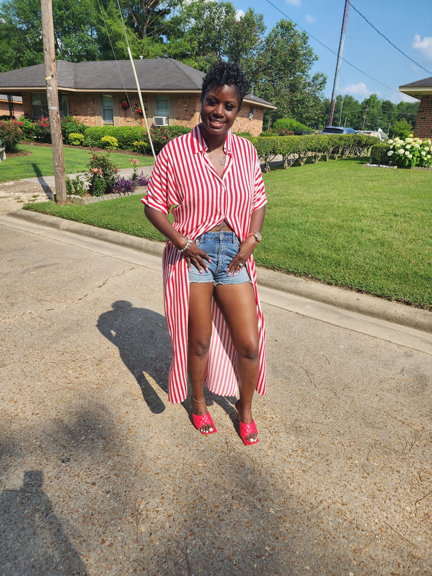 Striped Button Down Shirt Dress (Red)