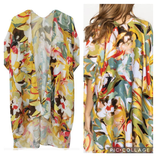 Abstract Print Open Front Kimono (Mustard)