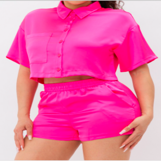 Satin Button Down Short Set (Pink)