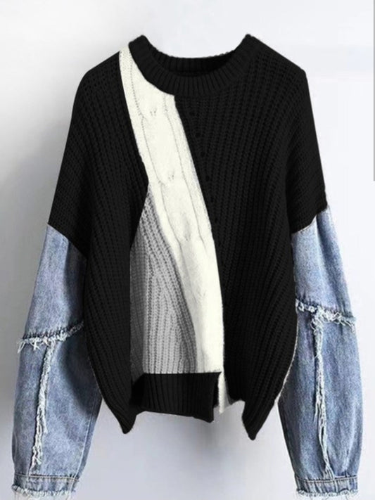 Denim Sleeve Colorblock Sweater