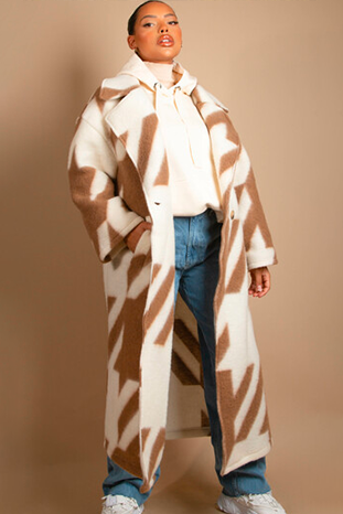Houndstooth Oversized Long Coat (Camel)