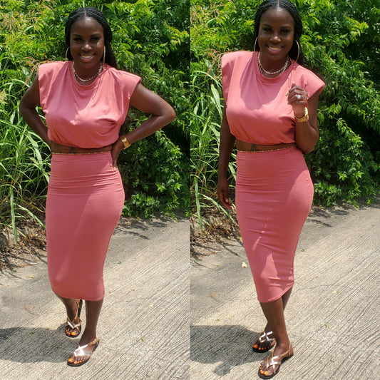 "Akira" High Waisted Skirt Set (Brick)